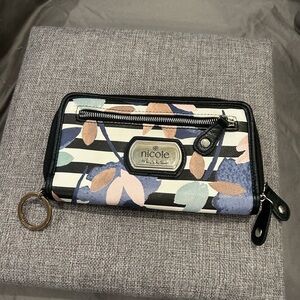 Nicole Miller Black and White Striped Wallet with Floral Accents